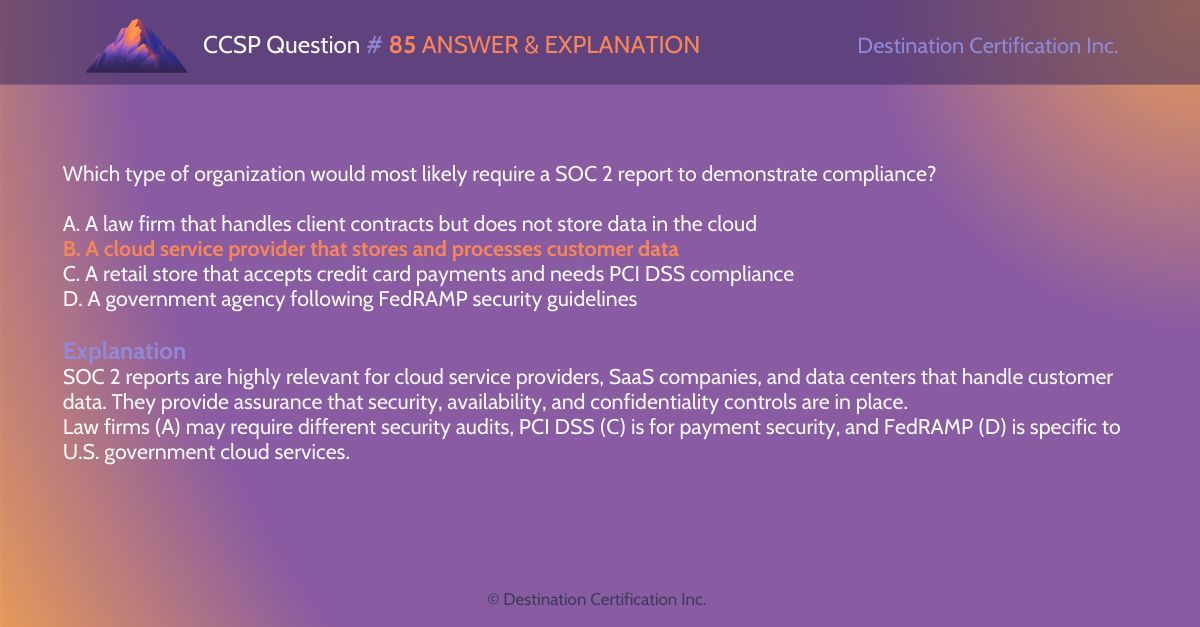 destcert's tweet image. #CISSP Question #85 Answer and Explanation

Here is the answer and an analysis of how to reach the correct answer. If you want to see more content like this, do let us know!

#WeeklyCISSPChallenge #QuestionOfTheWeek #CyberSecurity #CISSPpractice #practicequestions #ISC2