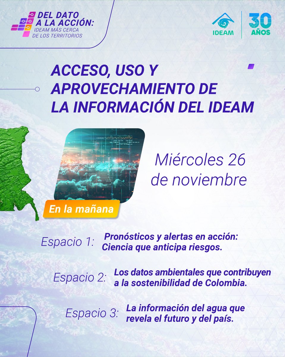 IDEAMColombia's tweet image. Acompáñanos este 26 y 27 de noviembre en una nueva jornada técnica del #Ideam, donde exploraremos cómo los datos ambientales, la meteorología y las tecnologías de radar fortalecen la toma de decisiones en los territorios. 🇨🇴

#DatosAmbientales #GestiónDelRiesgo #CambioClimático