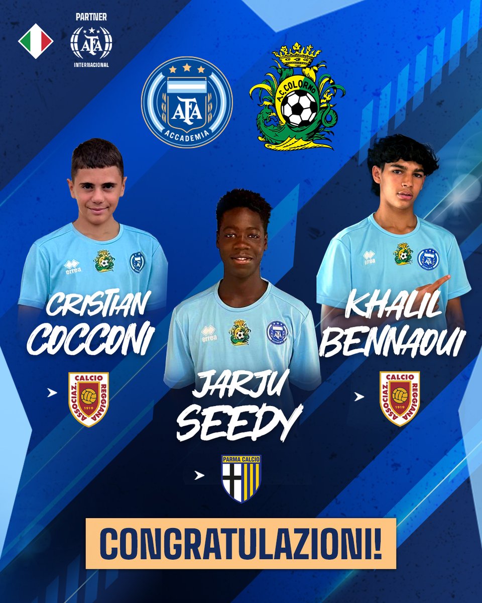 afa_inter's tweet image. Congratulazioni a Cristian Cocconi, Jarju Seedy e Kahil Bennaoui, giocatori dell&apos; Colorno Calcio , Accademia AFA di Parma, che continueranno il loro percorso sportivo presso AC Reggiana e Parma Calcio 🇮🇹

In bocca al lupo ragazzi! ⚽
--

Felicitaciones a Cristian Cocconi, Jarju…