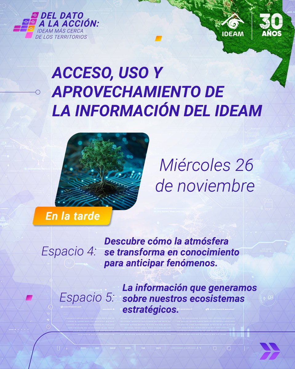 IDEAMColombia's tweet image. Acompáñanos este 26 y 27 de noviembre en una nueva jornada técnica del #Ideam, donde exploraremos cómo los datos ambientales, la meteorología y las tecnologías de radar fortalecen la toma de decisiones en los territorios. 🇨🇴

#DatosAmbientales #GestiónDelRiesgo #CambioClimático