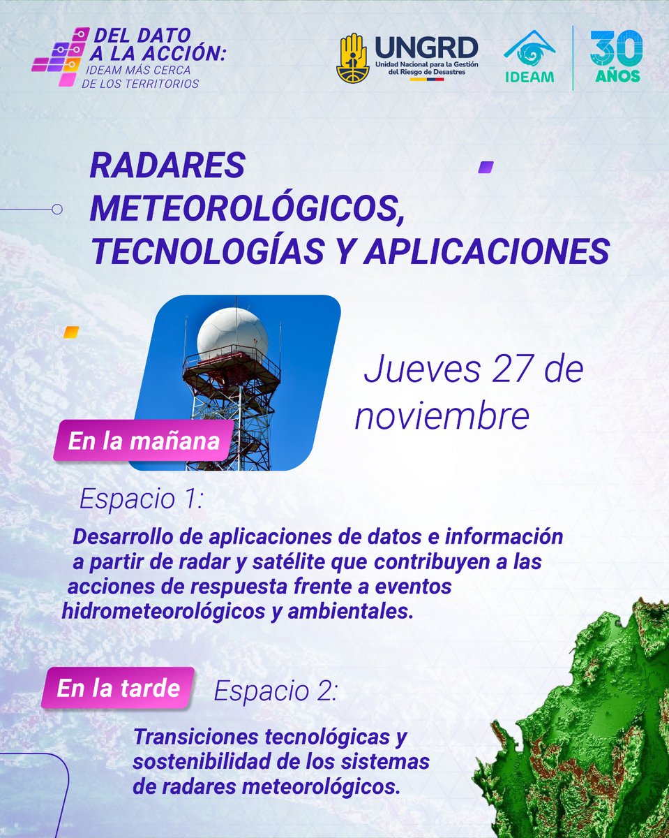 IDEAMColombia's tweet image. Acompáñanos este 26 y 27 de noviembre en una nueva jornada técnica del #Ideam, donde exploraremos cómo los datos ambientales, la meteorología y las tecnologías de radar fortalecen la toma de decisiones en los territorios. 🇨🇴

#DatosAmbientales #GestiónDelRiesgo #CambioClimático