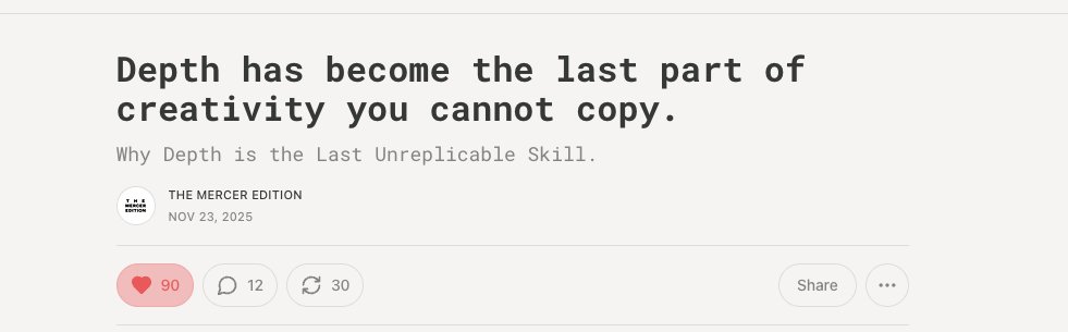 manuchat's tweet image. “Depth will always take longer, it’s going to cost more, and definitely feel harder to justify in a culture built on speed. But that’s exactly why it matters. Anyone can post fast, copy trends, or recreate the surface, but very few are still willing to sit with an idea until it…