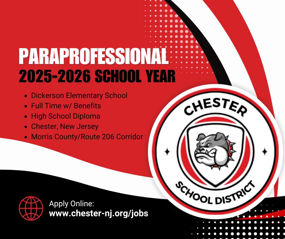 BlackRiverMS's tweet image. Come work for the Chester Team! We are looking for a Paraprofessional to work at Dickerson Elementary School (PK-2) for the 2025-2026 School Year. You can find the application here: chester-nj.org/jobs #WeAreChesterNJ