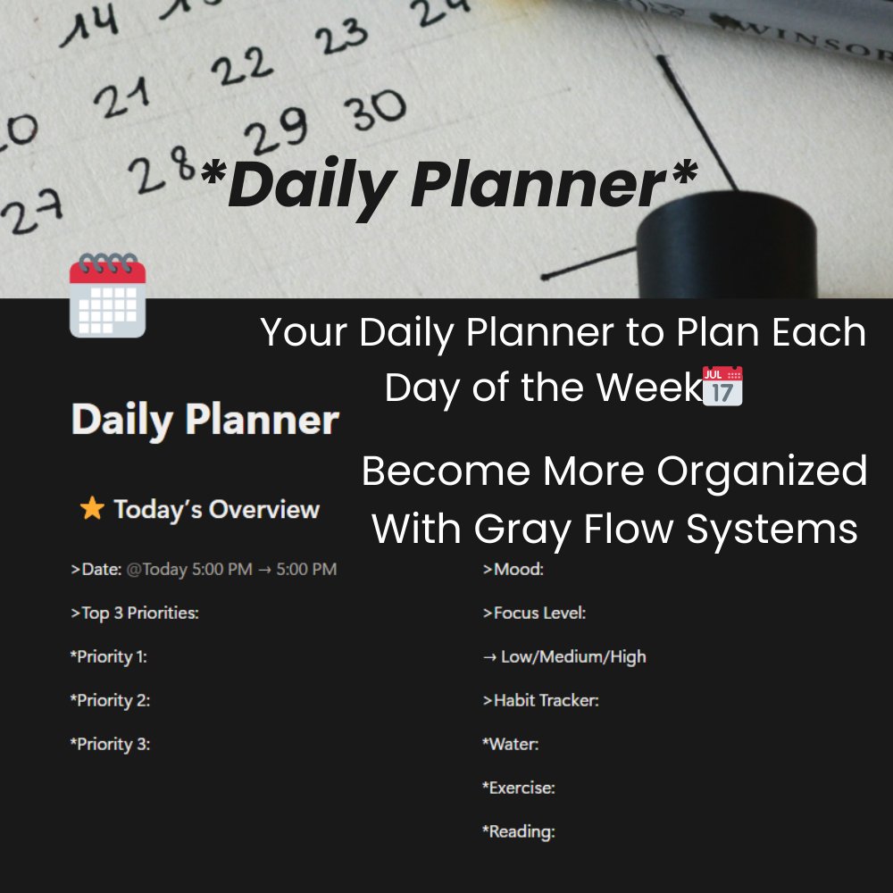 GrayFlowSystems's tweet image. Just launched the third Notion template on my Etsy store, &quot;Daily Planner.&quot; It&apos;s an amazing way to plan each day of the week to become a more organized, better version of yourself. Available at grayflowsystems.etsy.com
#notioncreator #planner #etsy #etsyshop #businessowner