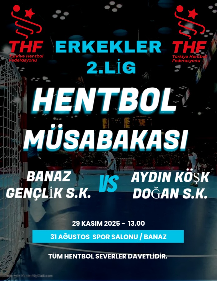 📣 Erkekler 2. Lig Hentbol Müsabakası

Banaz Gençlik Spor Kulübü, kendi sahasında Aydın Köşk Doğan Spor Kulübü’nü konuk ediyor!
Hentbol heyecanını birlikte yaşamak isteyen tüm sporseverleri tribünlere bekliyoruz.

📍 31 Ağustos Spor Salonu / Banaz
📅 29 Kasım 2025
⏰ 13.00