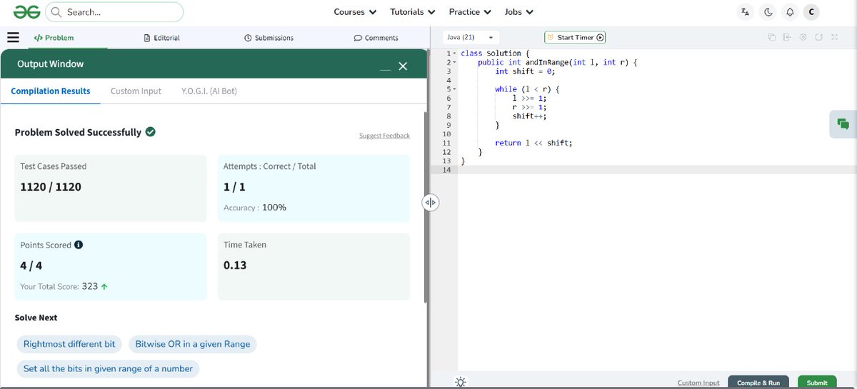 chiya_pandey's tweet image. Today&apos;s Problem: AND In Range
Difficulty: Medium
#geeksforgeeks #100daysofjava 
#java #BitwiseAND