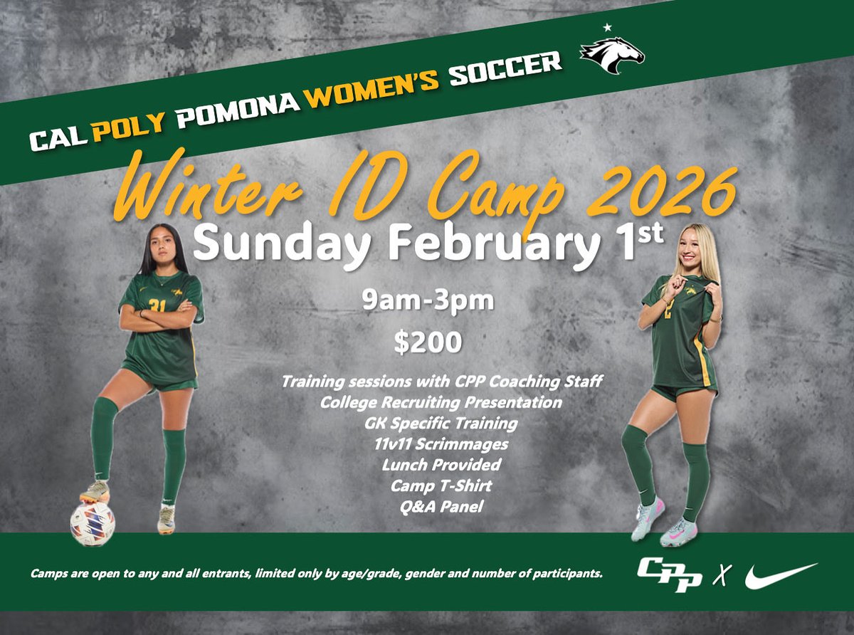 cppwsoccer's tweet image. 🚨WINTER ID CAMP - SPOTS ARE LIMITED🚨

As we prepare for our return visit to the West Region Final this Saturday, we are still on the hunt for future Broncos 🕵️🐎 

Come &amp;amp; see what being a Broncos is all about! 

broncoathletics.com/registrations/…

#CPP #Broncos #LeaveNoDoubt #HUNTINGSZN