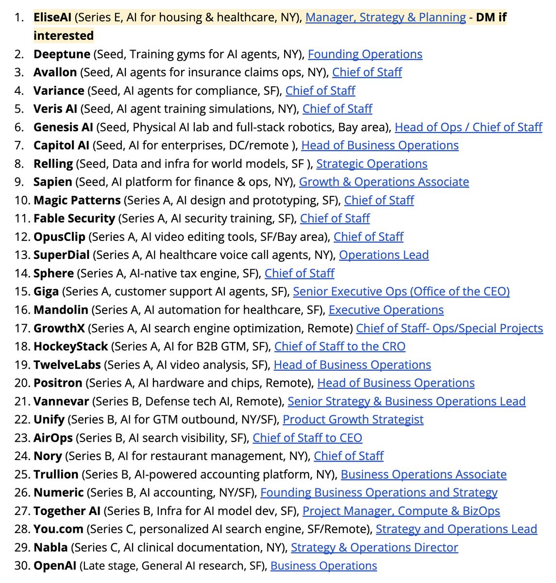 theEvanLee's tweet photo. I compiled the top BizOps and Chief of Staff roles at 30 hot AI-native startups https://t.co/9wgQEITPin