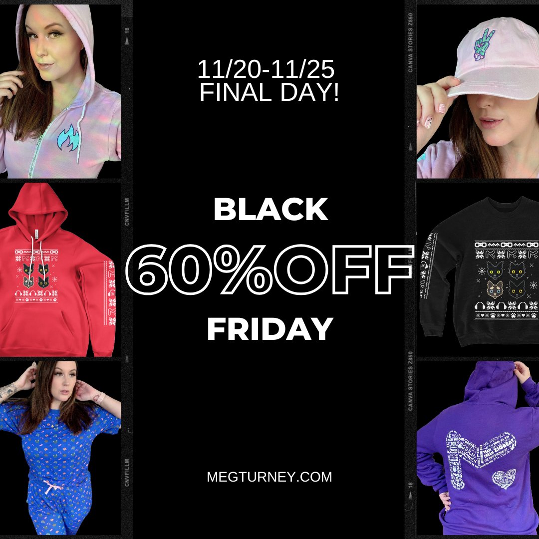 MegTurneyMerch's tweet image. Today is the LAST DAY of our early Black Friday Sale! After today, the store will be CLOSED until 2026 🖤 60% off all merch and cheeky instant photos to add-on to your order!