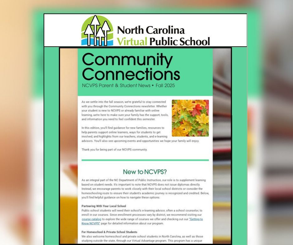 ncvps's tweet image. Big updates, fresh resources, and stories worth sharing—don’t miss the latest Community Connections Newsletter! 📬✨
Read now: ncvps.org/community-conn… 

#WeAreNCVPS #OnlineLearning #VirtualLearning #NorthCarolina #MiddleSchool #HighSchool #NCVPS