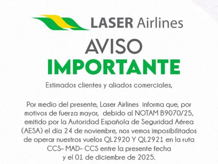 dgaviacion_'s tweet photo. La autoridad española de seguridad aérea (AESA): emitió un NOTAM la cual suspende los vuelos entre España y Venezuela hasta 1 de diciembre del 2025.   

Las aerolineas igual que Laser: Air Europa, Iberia, Estelar-Iberojet y Plus Ultra no podrán operar la ruta hasta esa fecha. https://t.co/D6IjQnXyov
