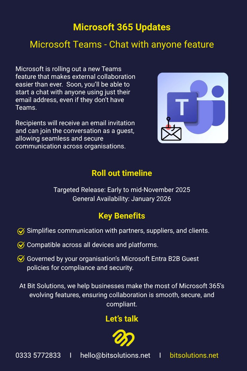BITSolutionsLtd's tweet image. Find out the latest Microsoft 365 updates. Teams - Chat with anyone feature  #BitSolutions #MSP #ITsolutions #Hertfordshire #ManagedServices #workingtogether #Microsoft365 #teamsoledad
linkedin.com/company/603536/