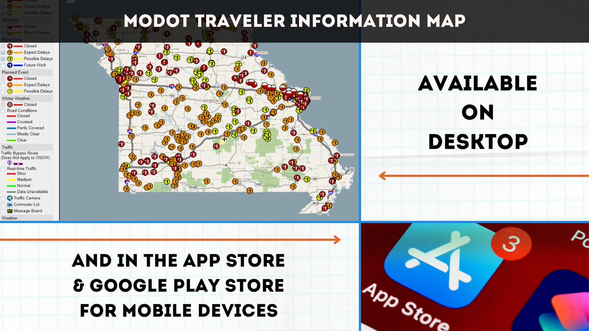MoDOT's tweet image. Missouri weather AND traffic can be wild 🌪️🌧️☀️ — stay ahead of the storm! Check road and traffic conditions anytime with the MoDOT Traveler Information Map at traveler.modot.org or download the MoDOT Mobile App. Be safe. Be ready. 🚗💨