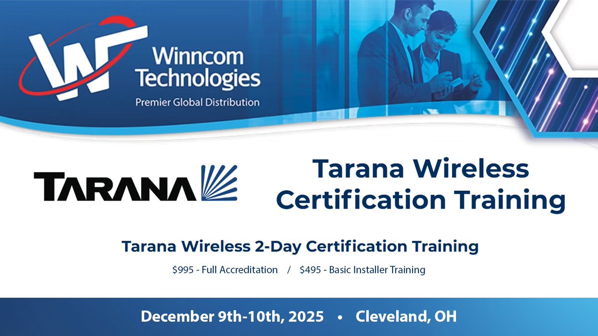WinncomTech's tweet image. 🚨 LAST CHANCE!
Winncom is hosting an exclusive @TaranaWireless Technical Certification Training at our headquarters in Solon, OH! Get hands-on with next-gen broadband solutions and become a certified Tarana pro!

🗓️ Dec 9th &amp;amp; 10th, 2025

Registration: airwirelessnews.com/tarana-certifi…