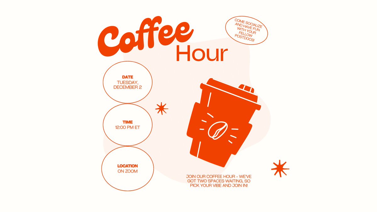 nationalpostdoc's tweet image. Come socialize and have fun with your fellow postdocs during the Engagement Committee Postdoc Coffee Hour! There will be two spaces waiting, so pick your vibe and join in!

Register at the 🔗 ow.ly/kxIS50Xugoc // #postdocs #postdoctoralscholars #coffeehour #networking
