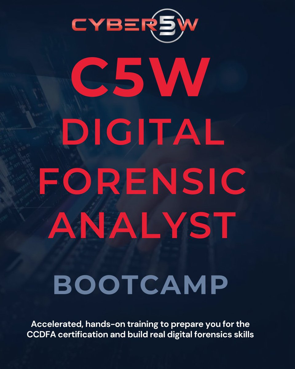 cyber5w's tweet image. CCDFA Bootcamp: Your digital forensic mastery starts this Year! 🚀

4 Live Sessions, 50+ Labs, and your official Certification Exam attempt included. 

👀 Stop watching, start investigating.🕵🏻

academy.cyber5w.com/courses/c5w-di…
#C5W #DFIRTraining #Bootcamp #DigitalForensicsExpert #CCDFA…