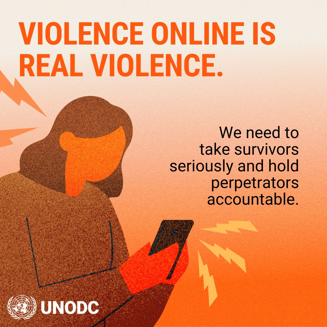 UNODC's tweet image. Digital violence goes far beyond cyberbullying and cyberstalking.

Online spaces can enable gender-based violence, abuse and harassment.

UNODC helps strengthen laws, train first responders and support justice systems to protect women, girls and everyone from online abuse.#16Days