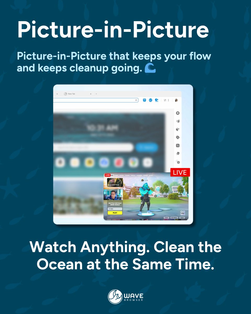 Wave_Browser's tweet image. Stay in your flow while making a difference. With Picture-in-Picture, you can watch what you love and keep ocean cleanup moving in the background. 🌊✨

#OceanTech #SustainableBrowsing #WaveBrowser #CleanOceans #PictureInPicture