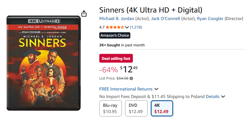 Jeden z lepiej wyglądających i brzmiących filmów tego roku - Sinners - z fajną promką #BlackFriday. Cena za UHD z wysyłką i opłatami to ok. 108 zł / $29.44. Przełknąć należy brak polskich napisów, ale takie wydanie akurat nie istnieje 😢Link: a.co/d/e96OLpl #TeamPudełka