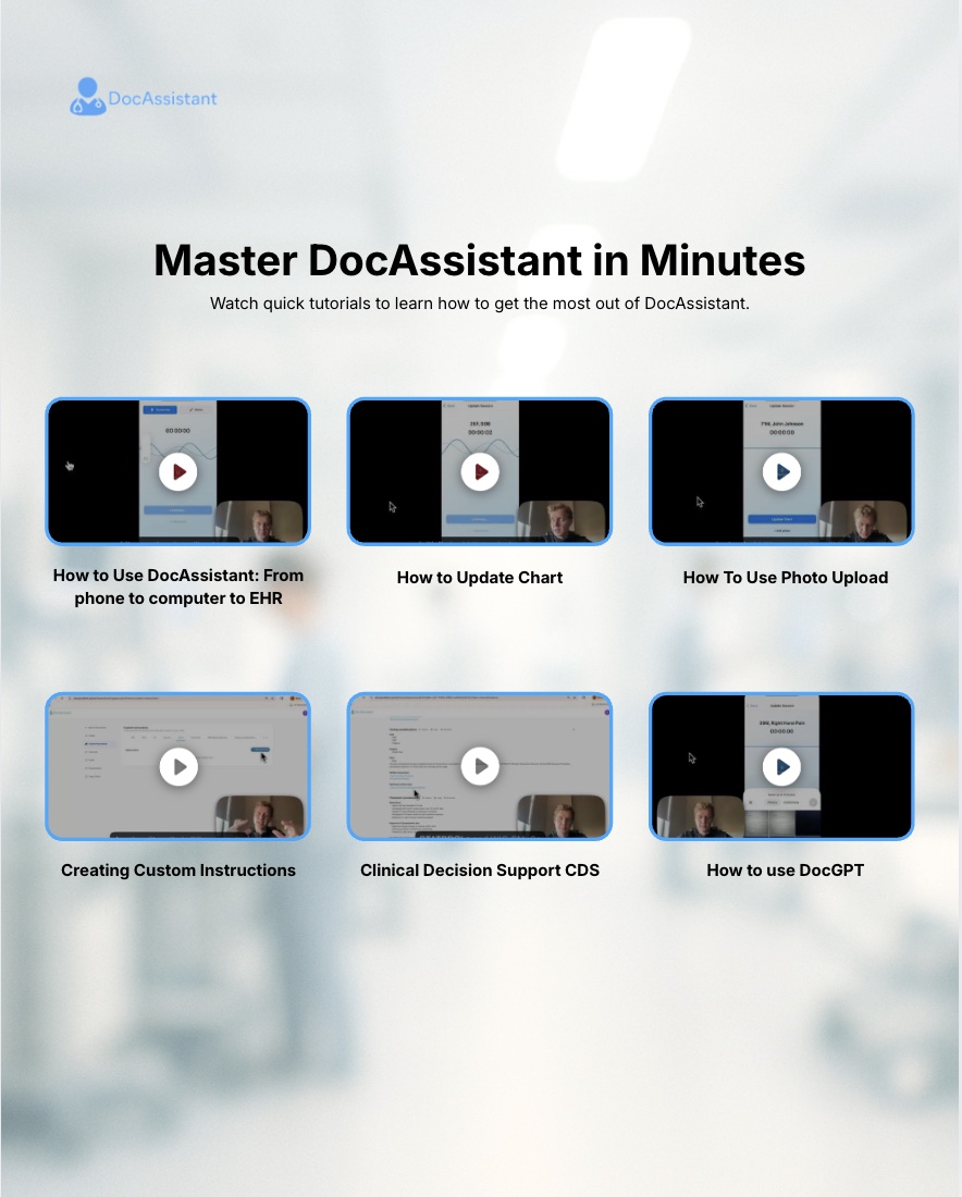 DocAssistant_ai's tweet image. Explore our product videos to see how clinicians are using DocAssistant in real workflows. These walkthroughs cover key features and best practices to help you maximize impact. Available on our website.

#AI #healthcare #healthTech
