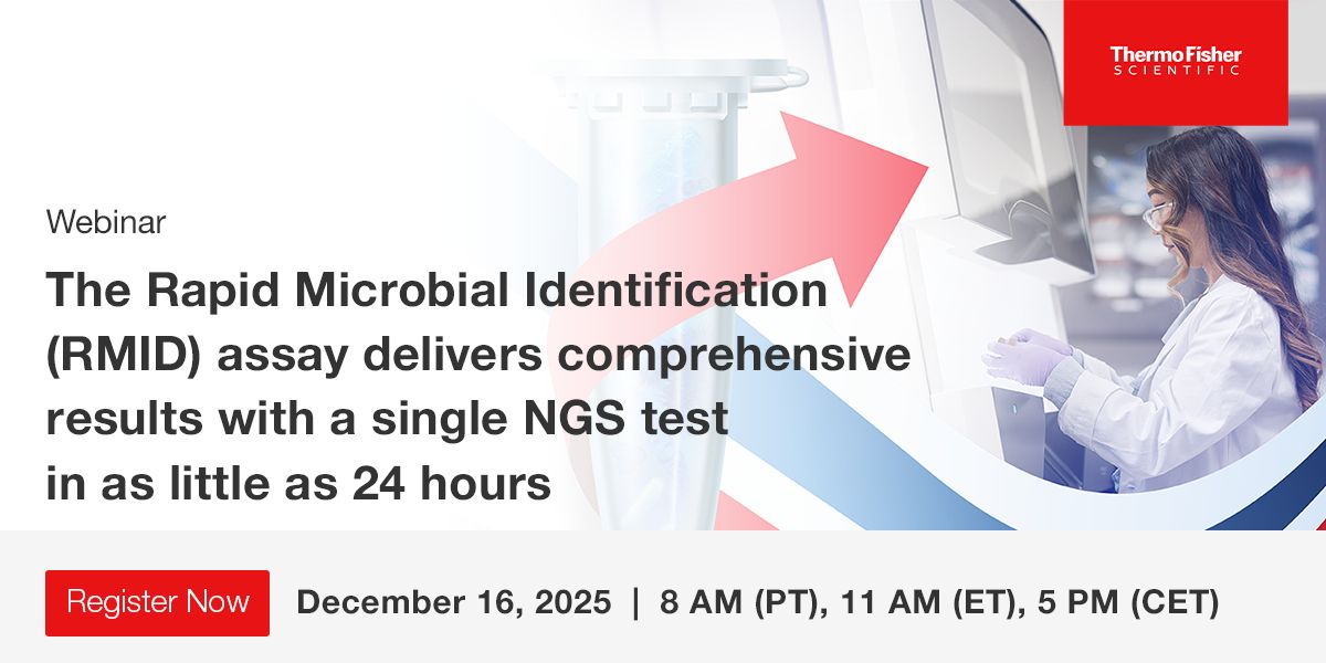 Labroots's tweet image. Discover a breakthrough in microbial identification at our Dec16 webinar! 

Learn how the Ion AmpliSeq Rapid Microbial Identification Research Panel streamlines workflow by combining metagenomic and species-specific testing into one assay. Register: buff.ly/M4MhJOQ