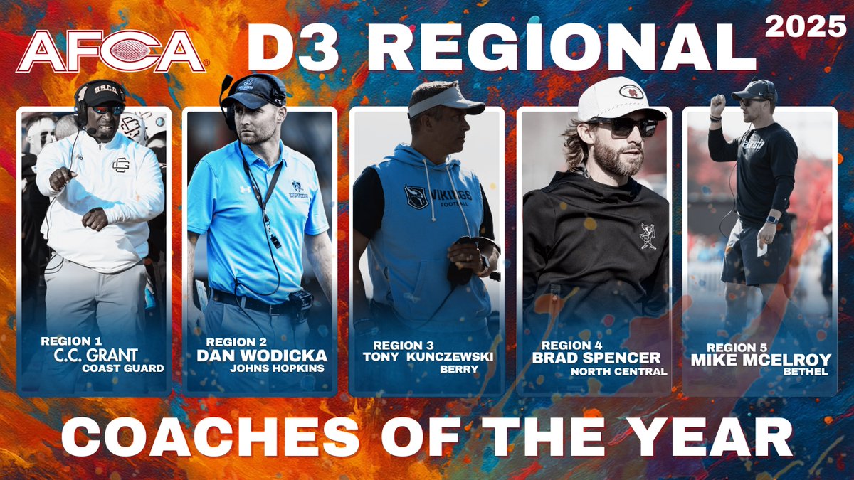 WeAreAFCA's tweet image. 🏆Congratulations to the 2025 AFCA Division III Regional Coaches of the Year! 

R:1 @CoachCCGrant | @USCGA_Football 
R:2 @CoachWodicka | @JHU_Football 
R:3 @BCCoachK | @BerryFootball 
R:4 @CoachSpence_NCC | @football_ncc
R:5 @McElroy26 | @BethelRoyalsFB 

National Coach of the…