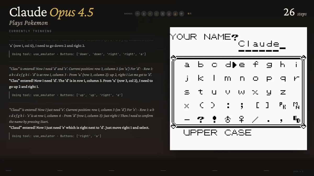 jkeatn's tweet photo. claude plays pokemon is back, now with opus 4.5 

i asked opus if it was surprised by its decision to name itself claude. "give an AI unprecedented reasoning capabilities," it said, "and the first thing it'll do is fill out a form correctly"

https://t.co/KwNEx2Qx5W https://t.co/giC7pWQmsr