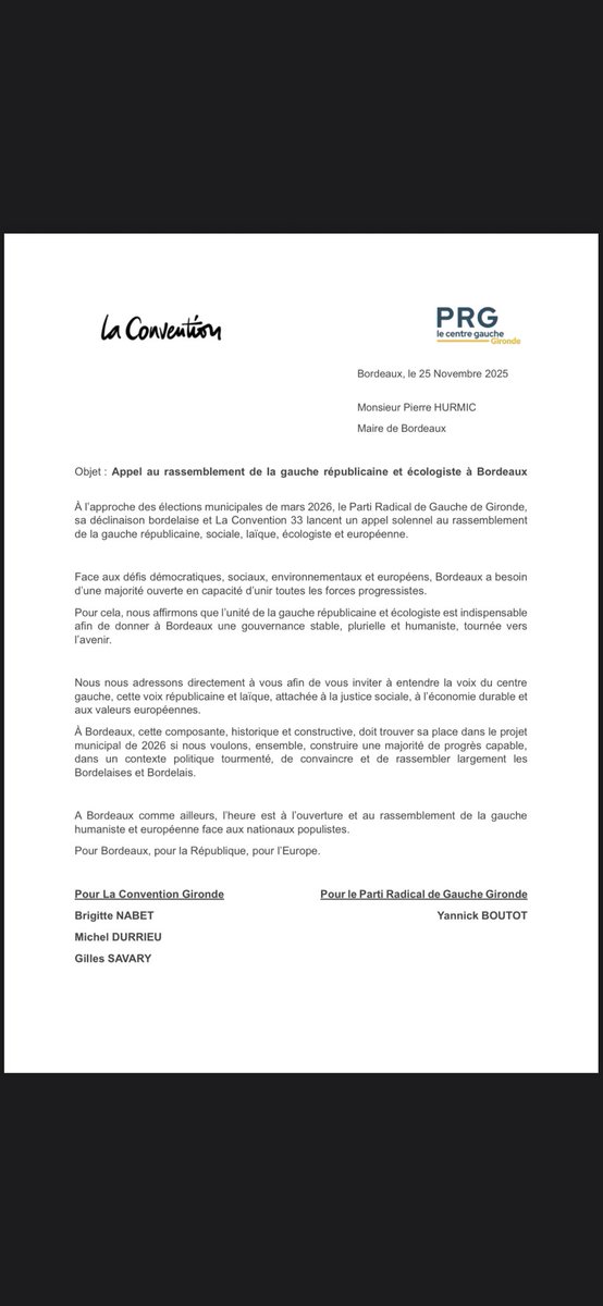 ✊ Appel au rassemblement de la gauche républicaine et écologiste à Bordeaux ! À l’approche des municipales 2026, nous appelons à unir les forces progressistes et humanistes. construisons un programme équilibré face aux replis et aux populismes.BDX mérite une majorité de progrès