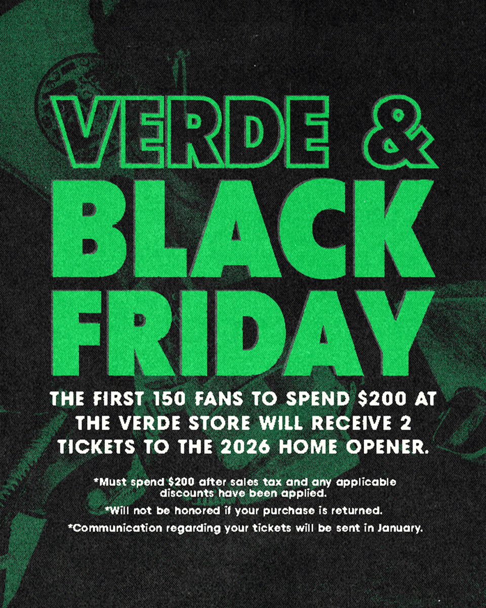 AustinFC's tweet image. Shop now and score tickets on VERDE &amp;amp; Black Friday!

The first 150 fans to spend $200 will get 2 tickets to the 2026 home opener! Shop Austin FC jerseys, apparel, headwear and more.