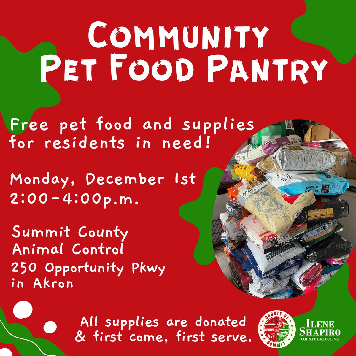 SummitExecutive's tweet image. 🎄The season of giving is near! 🎁 Stop by Summit County Animal Control on December 1st for FREE pet food and supplies! 🐾 

The pantry will run from 2:00-4:00 at 250 Opportunity Pkwy. Please use W. Bartges Street to Pier Drive for the drive-thru event. 🚘