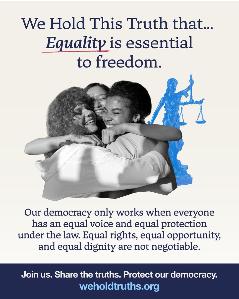 _weholdtruths_'s tweet image. Equality isn’t just an ideal, it’s our responsibility. Democracy fails when equality is denied.

⚖️ Fight for fairness. Fight for each other.
✍️ Sign the pledge and get involved: weholdtruths.org

#WeHoldTheseTruths