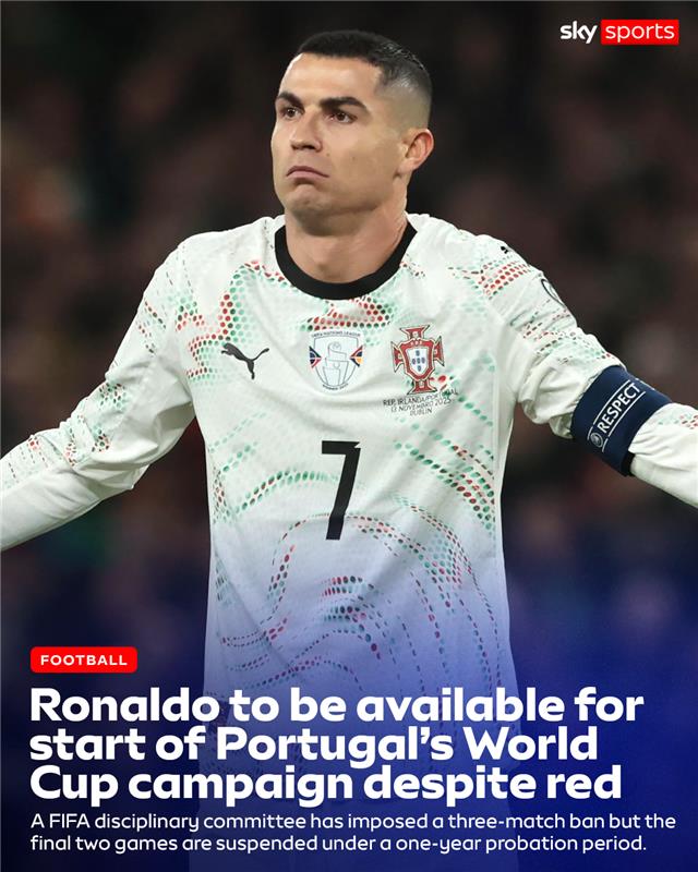 SkySportsNews's tweet image. Cristiano Ronaldo has received a three-match ban with two games suspended meaning he will be available for the start of the 2026 World Cup 🇵🇹