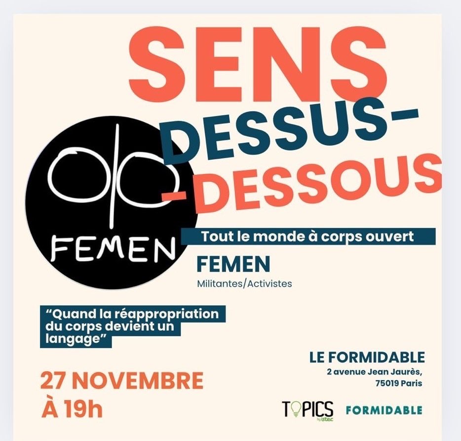 Sous le thème “Tout le monde à corps ouvert”, le Topics Café by ISTEC révèle sa nouvelle tendance : la nudité de combat.
Avec deux activistes FEMEN pour une prise de parole rare.
🗓️ 27 nov 19h-22h
📍 Le Formidable
🎫 Billetterie : my.weezevent.com/topics-cafe-7
#TopicsCafé #ISTEC #FEMEN