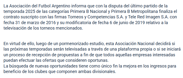 AFA comunico que TyC Sports no transmitira mas el ascenso

Ojala a partir del 2026, vuelvan a dejar transmitir a los partidarios