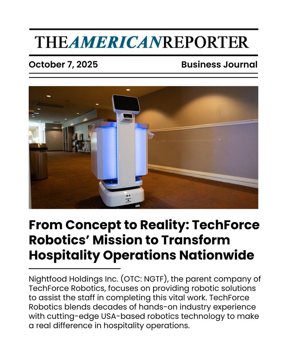 TechForceRobots's tweet photo. The American Reporter features TechForce Robotics: “From Concept to Reality — transforming hospitality through AI-powered robotics.”
We’re powering the workforce of the future.
🔗 https://t.co/YFciTNNZC6

#TechForceRobotics #AIinHospitality #WorkforceForTheFuture https://t.co/9fQhro9nEa