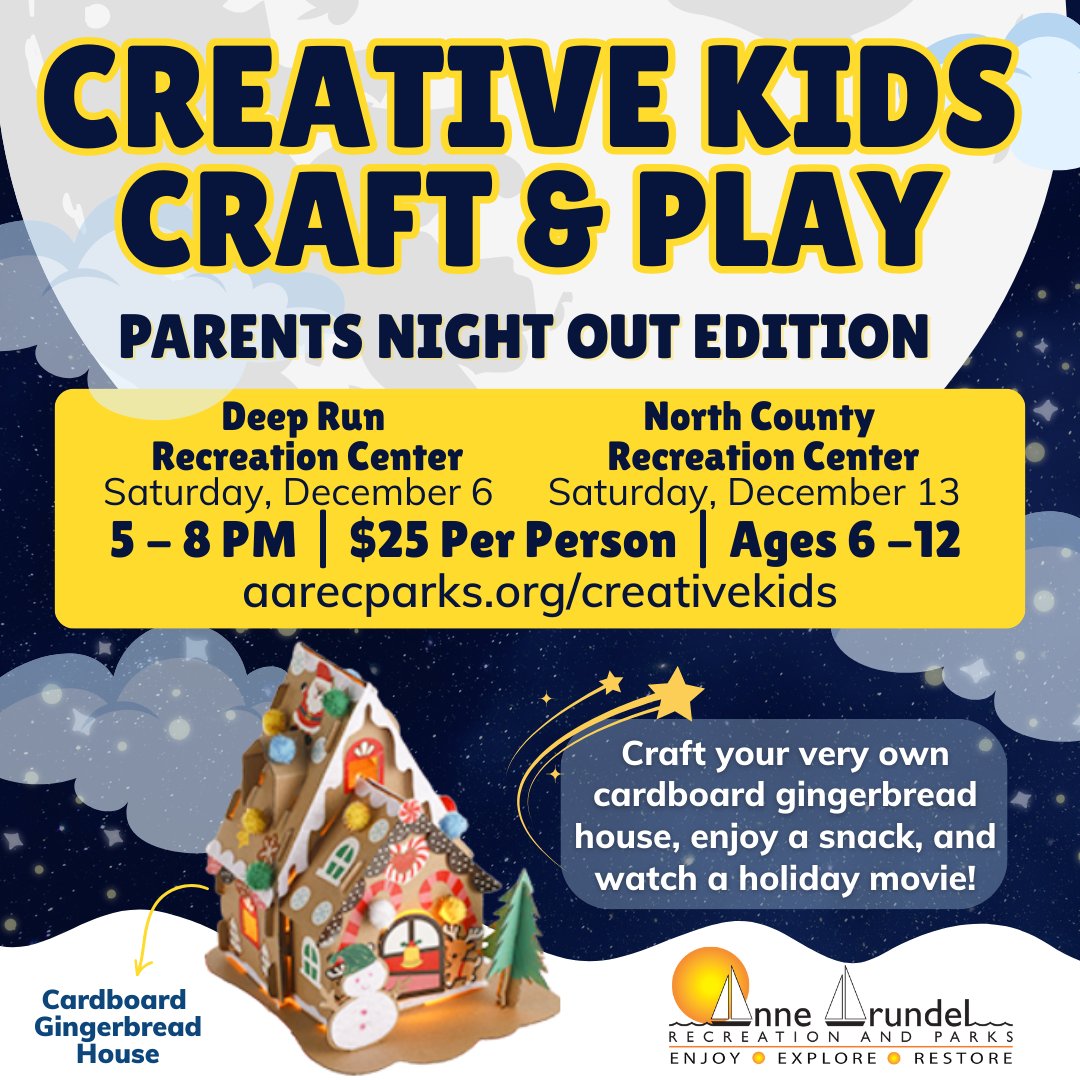 Parents Night Out! 🎄 Need time to shop? Drop the kids (Ages 6–12) for our Creative Kids Craft &amp; Play! They will craft Gingerbread Houses, play games, and watch a movie! 🎁

📍Deep Run (Dec 6) | N County (Dec 13) ⏰ 5–8 PM | 🎟️ $25 pp
Register: aarecparks.org/creativekids