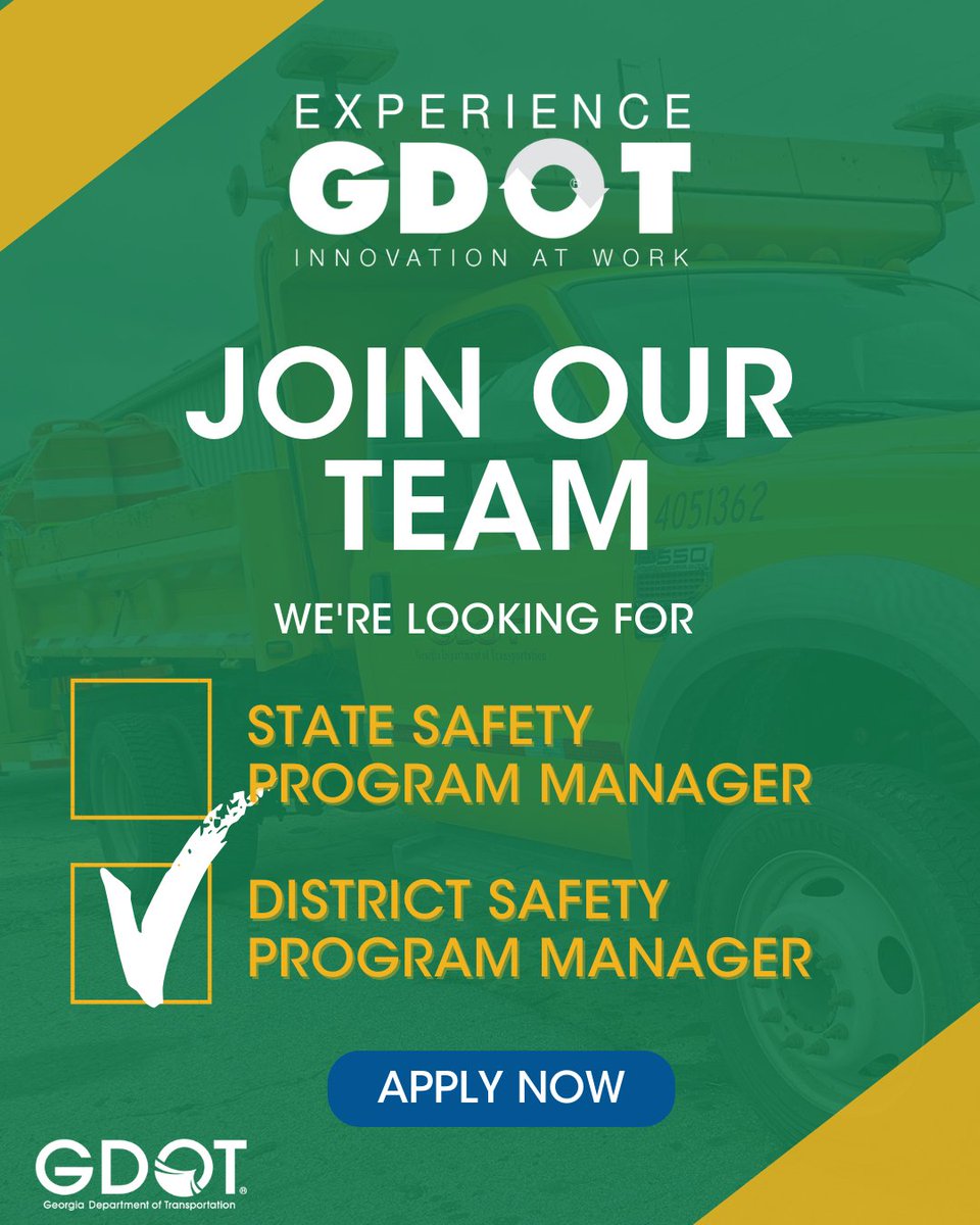 GADeptofTrans's tweet image. We’re hiring! 🚧 GDOT is seeking a District Safety Program Manager to lead our safety initiatives.  Join our team and help keep our crews and communities safe.
Ready to lead? Apply Now: 
District Safety Manager: bit.ly/48xs9b8
#GDOT #Hiring #SafetyJobs