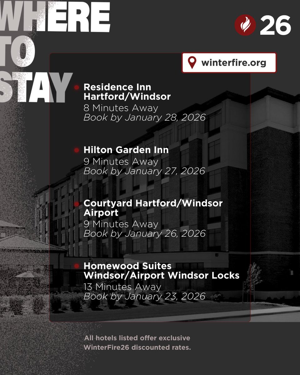WinterfireConf's tweet image. As you prepare for WinterFire weekend, save and share the WinterFire26 General Schedule and WF26 Hotels.

February 26–28, 2026
Bloomfield, Connecticut
Register at WinterFire.org

Early Registration ends December 31st.

#WinterFire26 #WinterFire #WinterFireConf