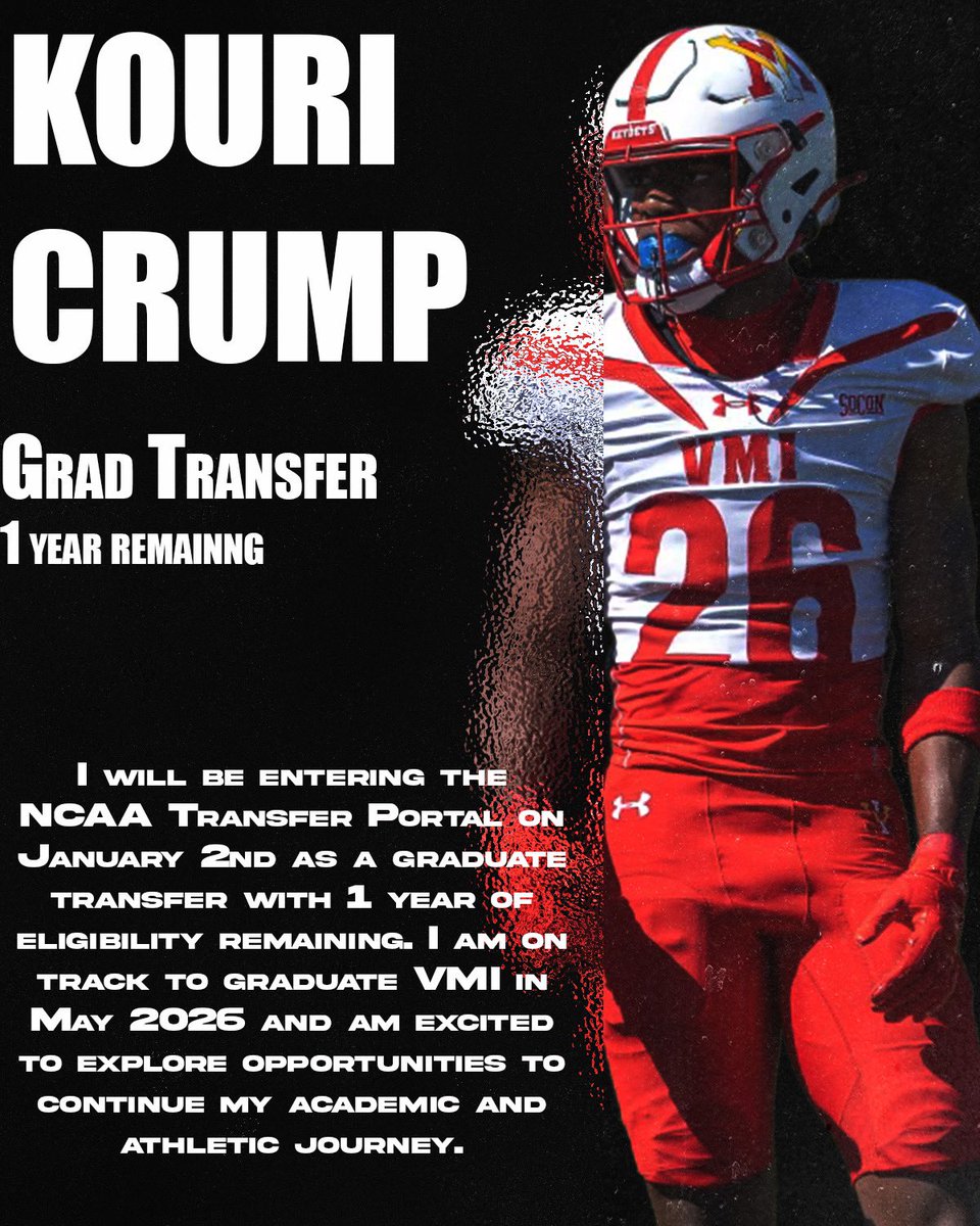 🚨 I will be entering the transfer portal as a graduate transfer with 1 year of eligibility remaining. Thank you, VMI!

24 Starts
119 Solo Tackles
187 Total Tackles 
11.5 Tackles for loss
1 Sack 
9 PBUs 
4 FFs
2 Blocked Punts

2025 Pre-season All-SoCon First team