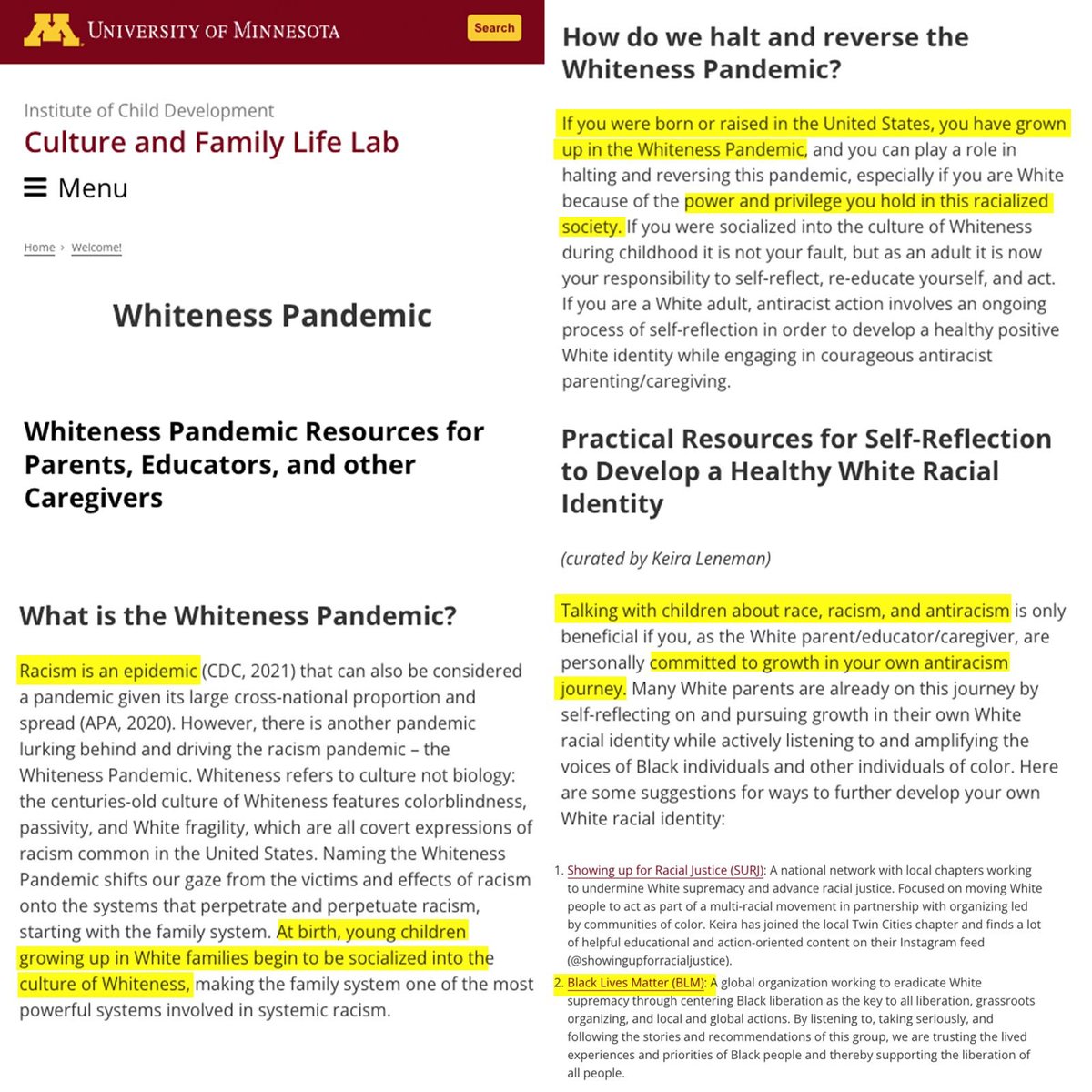 libsoftiktok's tweet image. NEW: The University of Minnesota (@UMNews) has a page on their website titled “Whiteness Pandemic,” which blames Whiteness for perpetuating “systemic racism” in Western culture.

They claim that White people have “power and privilege” and want families to push “antiracism” on…
