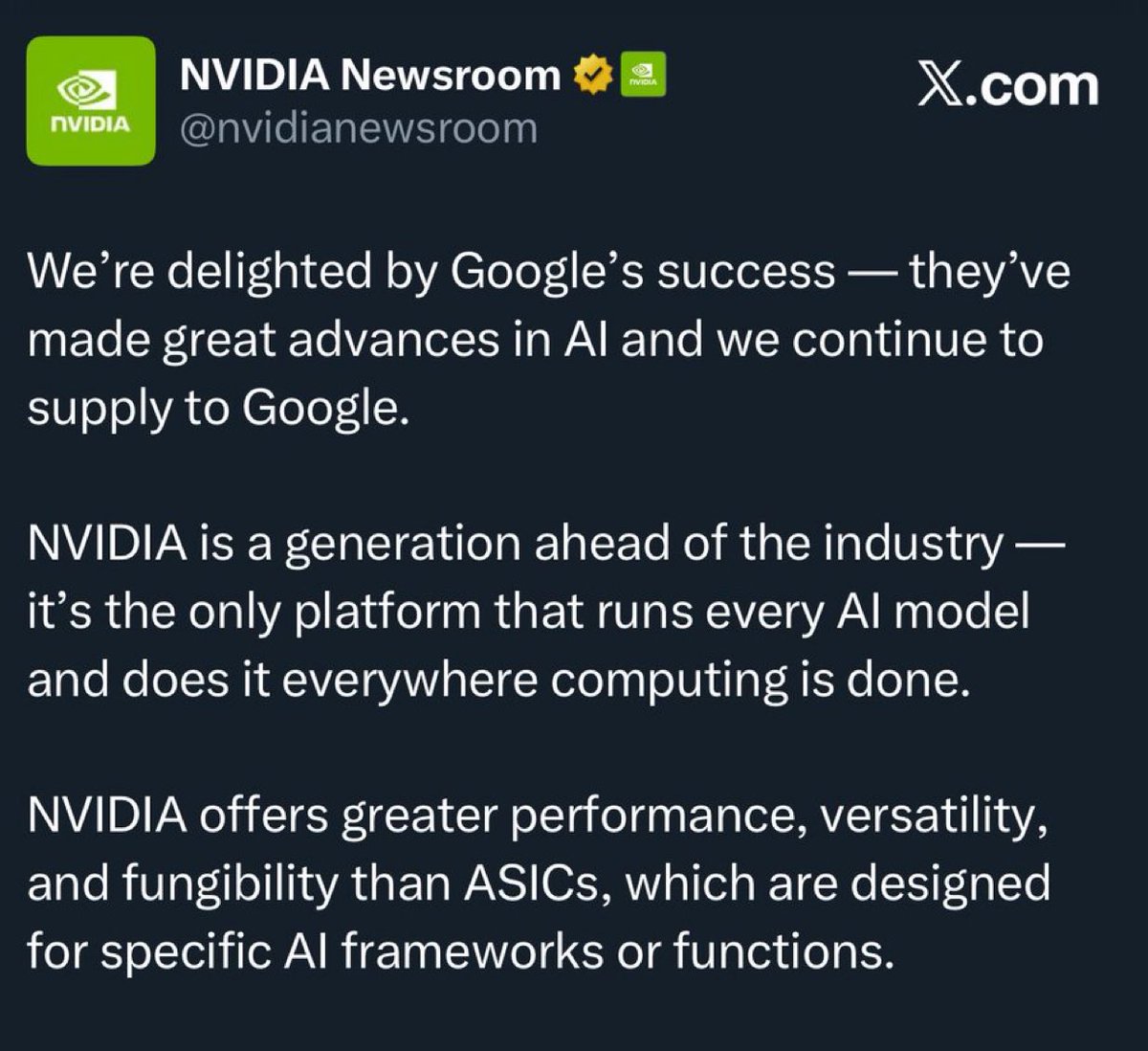 JUST IN: Nvidia says “We’re delighted by Google’s success.”
