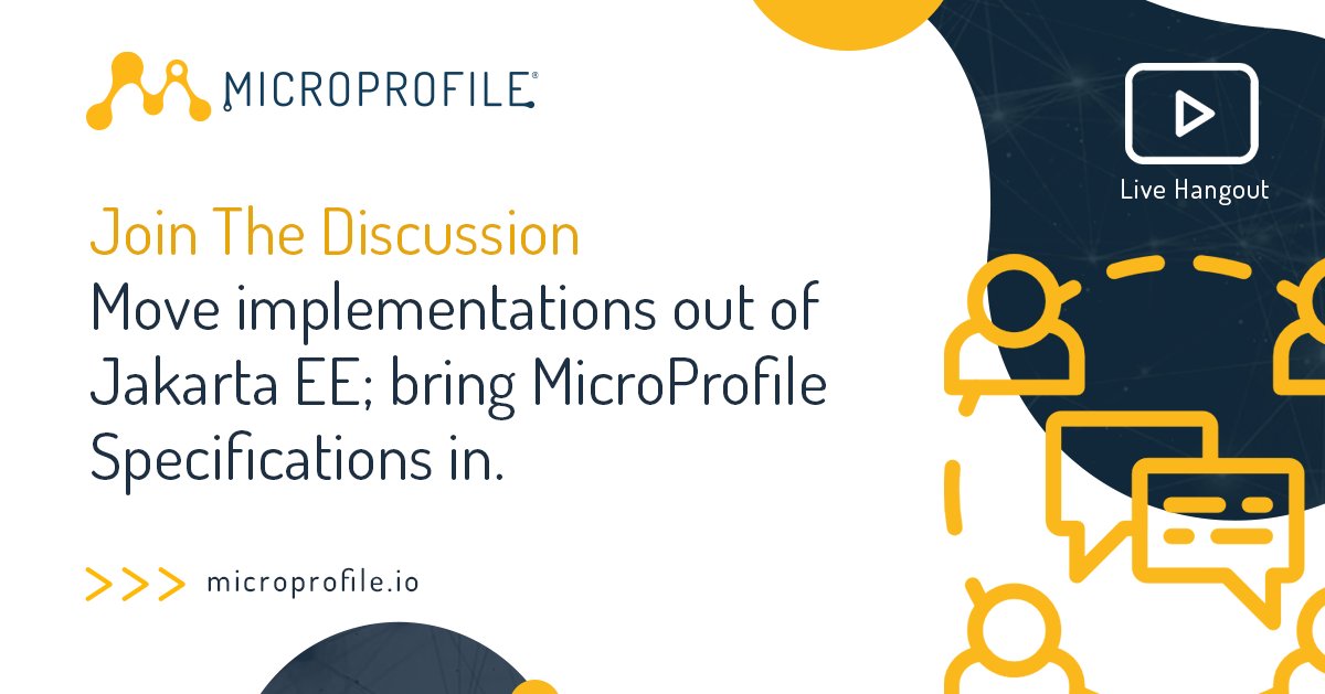 MicroProfileIO's tweet image. Preserve Neutrality: Move implementations (GlassFish/EE4J) out of the @jakartaee Working Group; bring the MicroProfile Specifications in.

📝 Weigh in on the public email thread: groups.google.com/g/microprofile…
🎥 Watch (1h): youtu.be/nN5Q2RpPpkc

#MicroProfile #JakartaEE #OSS