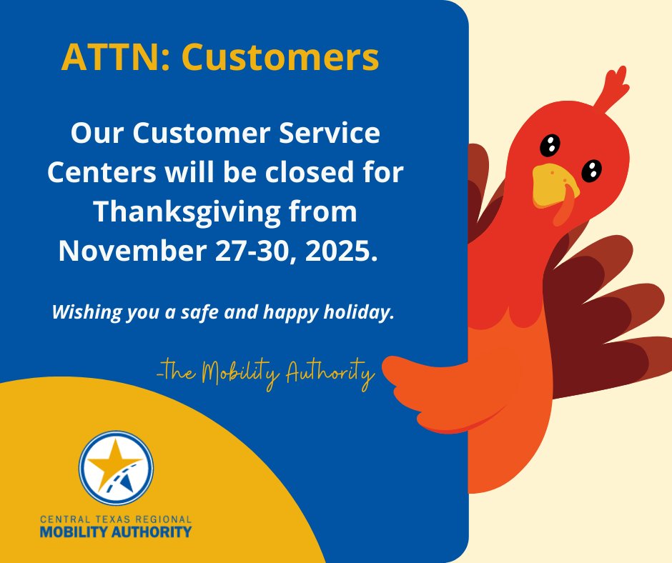 Hey Central Texas! Our Customer Service Centers will be closed this Thursday- Sunday. We will open again on Monday, December 1.