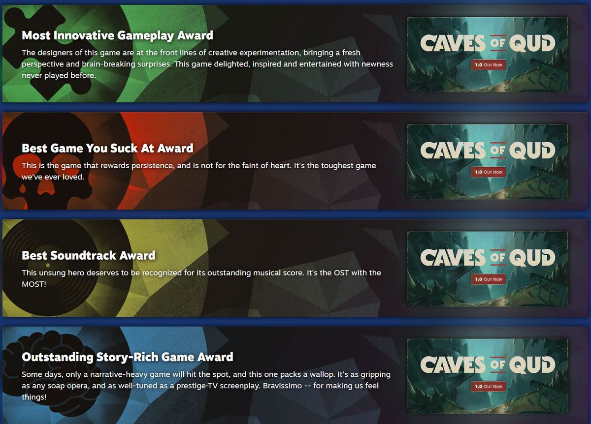 Reasons to nom Caves of Qud for the Steam Awards:

▶ Loved by science fiction writers, sickos and critics alike
▶ Flexible pick, can nominate for almost every category
▶ The one the cool kids are picking
▶This is the ONLY year you can do this