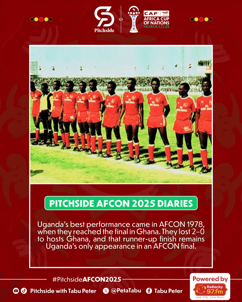 3️⃣4️⃣ #AFCON editions later, <a href="/UgandaCranes/">Uganda Cranes</a>’ best finish remains being runners up in the 1978 final after losing to hosts Ghana.

The chance to re-write it will be in Morocco.

#PitchsideAFCON2025 #TotalEnergiesAFCON2025.
