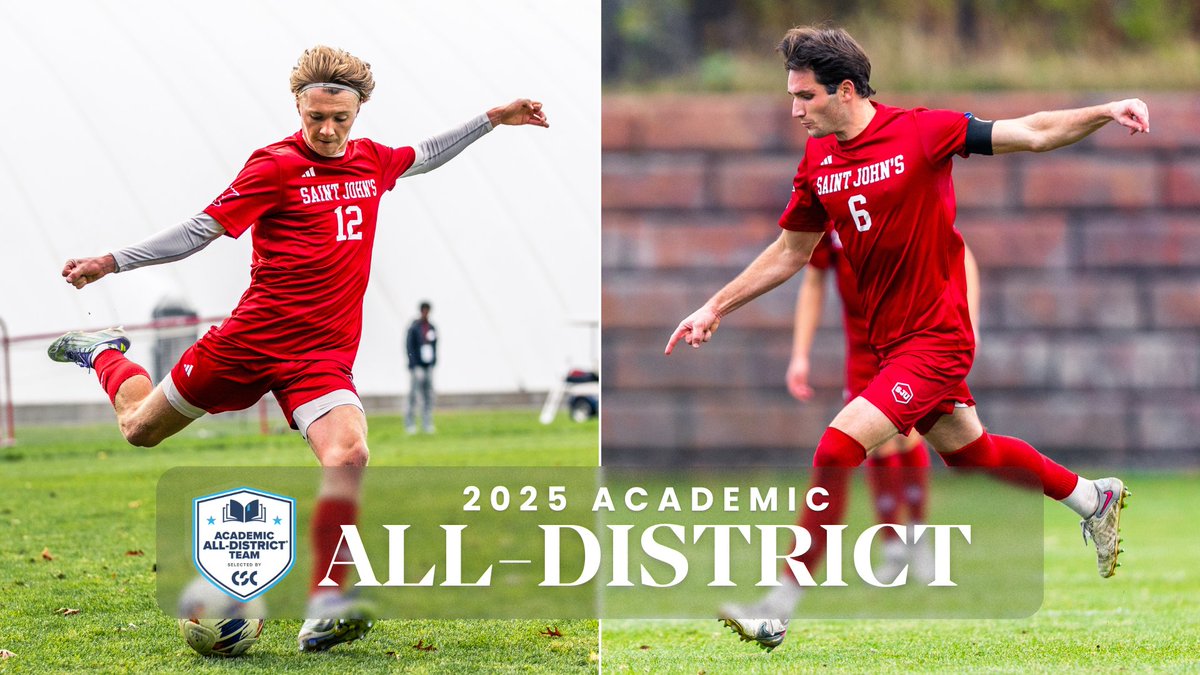 Congratulations to <a href="/Johnnie_Soccer/">Saint John's Soccer</a> senior forward Alex Bowman (left) &amp; senior defender Foster Conlin for earning <a href="/CollSportsComm/">College Sports Communicators</a> Academic All-District IV honors today!

RELEASE: gojohnnies.com/news/2025/11/2…

#GoJohnnies | #d3soc