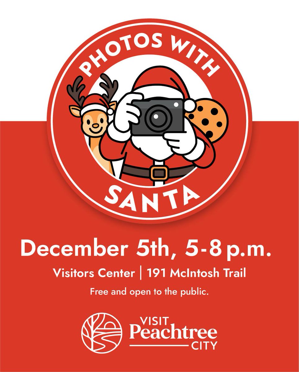 🎅✨ Santa’s in Peachtree City TODAY! ✨🎄

Don’t forget — Photos with Santa is happening this evening from 5–8 p.m. at the Peachtree City Visitor Center (191 McIntosh Trail)!

Bring the kiddos, your holiday spirit, and your biggest smiles for a cozy, festive evening. Snap a