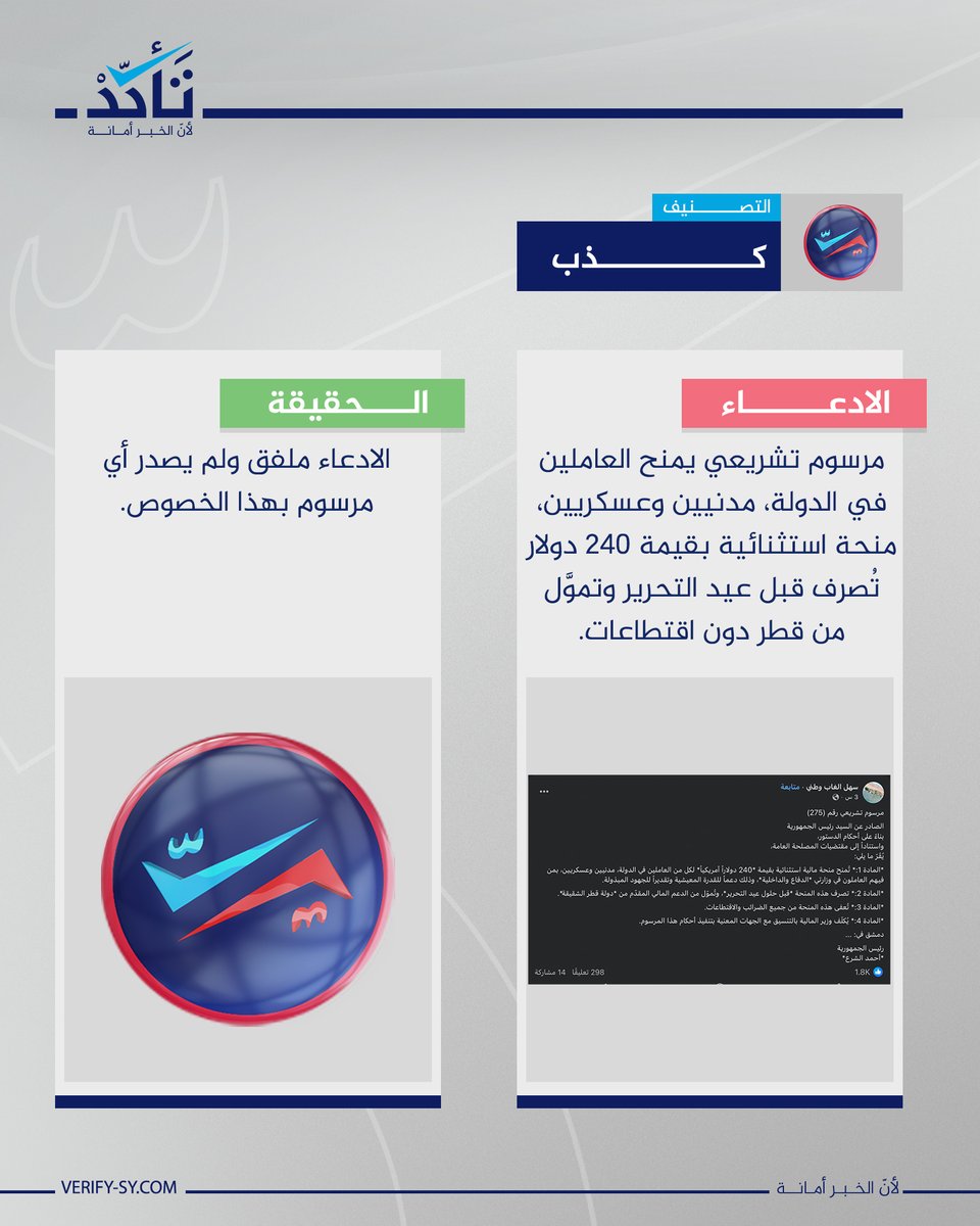 الادعاء بأن رئيس الجمهورية أصدر مرسوماً بمنح العاملين في الدولة، مدنيين وعسكريين، منحة استثنائية بقيمة 240 دولارا تُصرف قبل عيد التحرير وتموَّل من قطر دون اقتطاعات، هو ادعاء ملفق، إذ لم يُسفر البحث في المصادر الرسمية عن أي إعلان أو وثيقة تدعم هذا الادعاء.