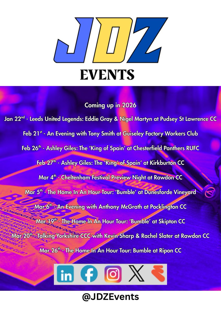jdzevents's tweet image. 2026? Bring it on! @PSLCC @nmartyn25 @Chesterfield_CC @kirkburtoncc @SkiptonCricket @dunesforde @RiponCricket @pocklingtonpixi @GuiseleyRangers @rawdoncc @BumbleCricket @rachelslater72 @SharpyKev0604 @LUFC  #JDZEvents #Events Please share/RT 🙏🙏