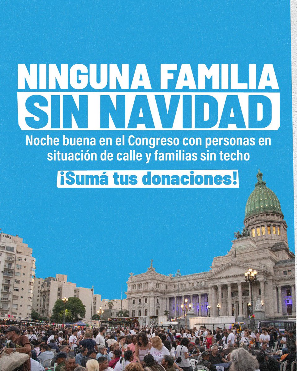 NINGUNA FAMILIA SIN NAVIDAD 🎄

Como todos los años,  este 24 de diciembre nos organizamos para compartir la Nochebuena con personas en situación de calle y familias sin techo. 

🫂 Colaborá con donaciones (juguetes, comida navideña, ropa, elementos de higiene personal, libros) o